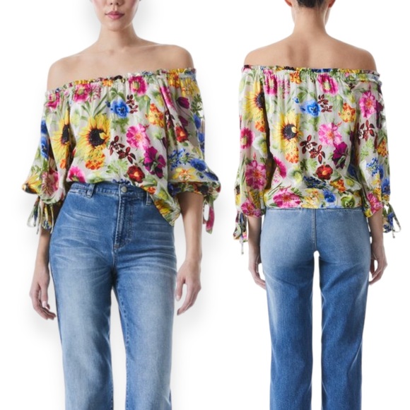 Alice + Olivia Tops - Alice + Olivia Alta Blouson Cropped Blouse Ties Floral Peasant Top Silk Blend x1
